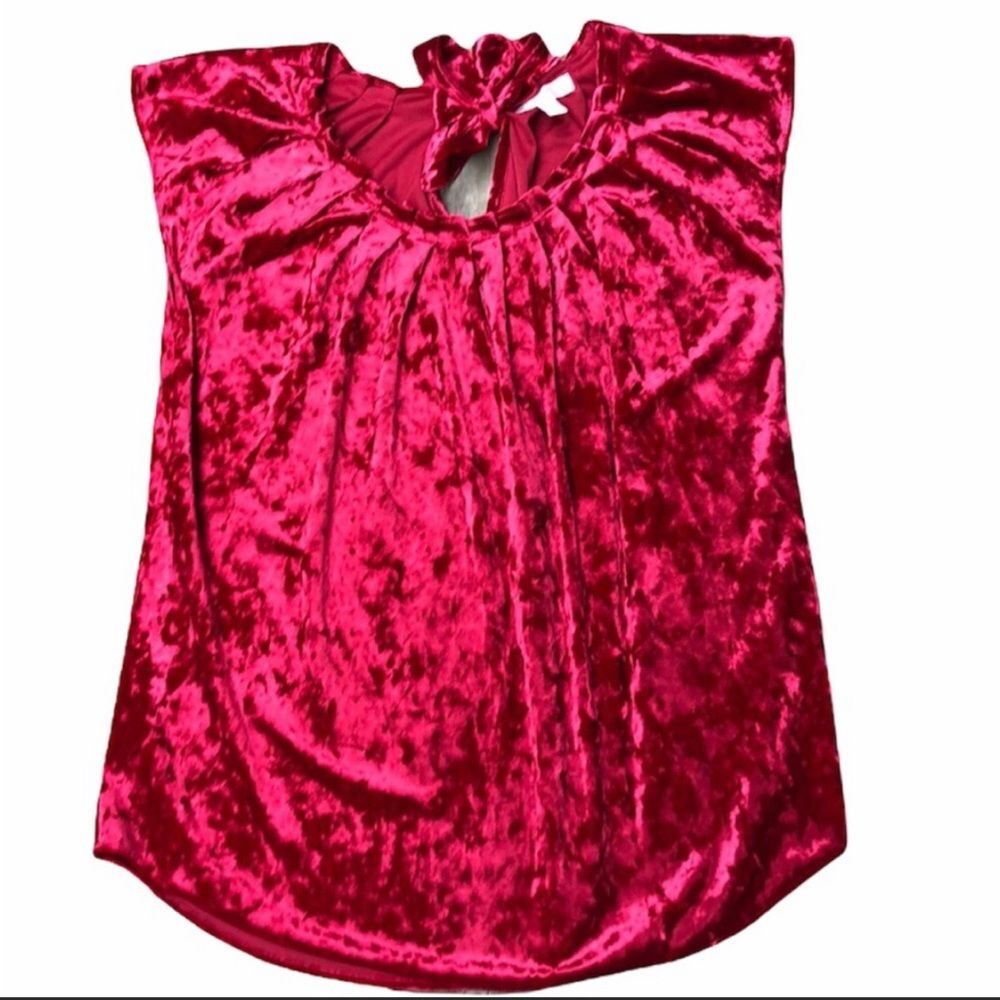 LAUREN CONRAD Ruby Red Velvet short sleeve blouse back bow size S Romantic Goth